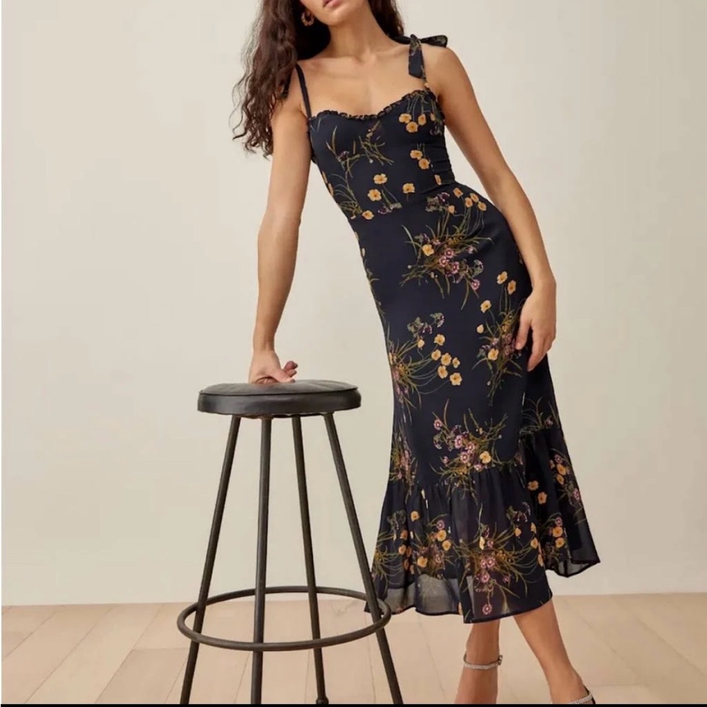 Reformation Navy Nikita Floral Midi Dress